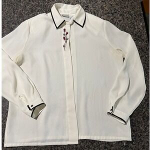 Koret Womens Off White Floral Embroidered Long Sleeve Button Up Blouse Size 12